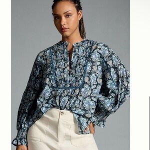 NWT Anthropologie Buttons  Henley Oversized Peasant Blouse size Small